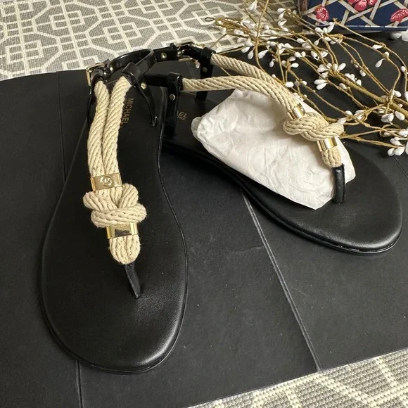 Michael Kors Holly Rope Black Sandals Size 8 M flat Comfy Summer New - Picture 1 of 7